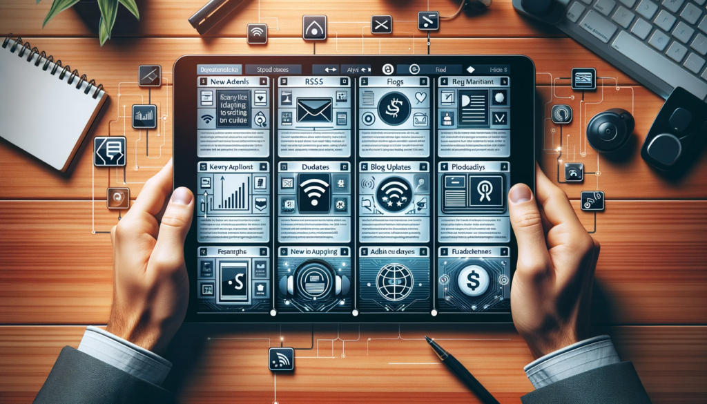 "Sleek and modern RSS feed interface displaying a variety of content types like news articles, blog updates, and podcast episodes, organized on a digital screen, emphasizing the streamlined and user-friendly nature of RSS feeds in 2024."