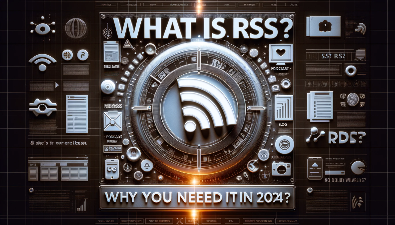 Intriguing digital collage questioning 'What is RSS?' and 'Why you need it in 2024?' with a central glowing RSS symbol surrounded by modern digital elements like news, blogs, and podcasts, highlighting the indispensability of RSS in the future of online content consumption