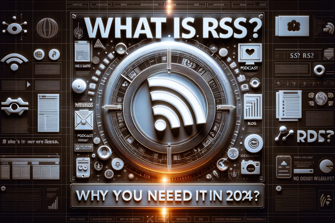 Intriguing digital collage questioning 'What is RSS?' and 'Why you need it in 2024?' with a central glowing RSS symbol surrounded by modern digital elements like news, blogs, and podcasts, highlighting the indispensability of RSS in the future of online content consumption