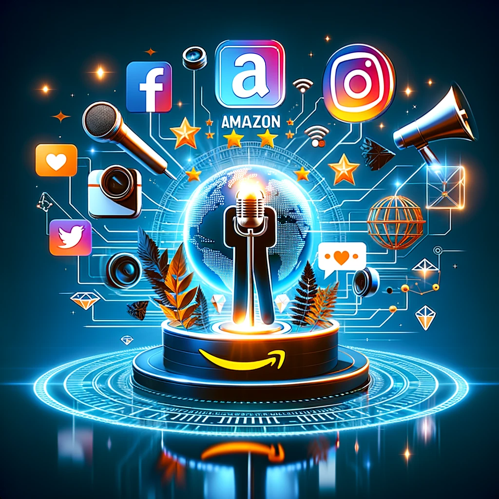 Image of a social media influencer creating content, with camera and microphone, against a backdrop of social media icons, depicting influencer marketing on platforms like YouTube and Instagram.