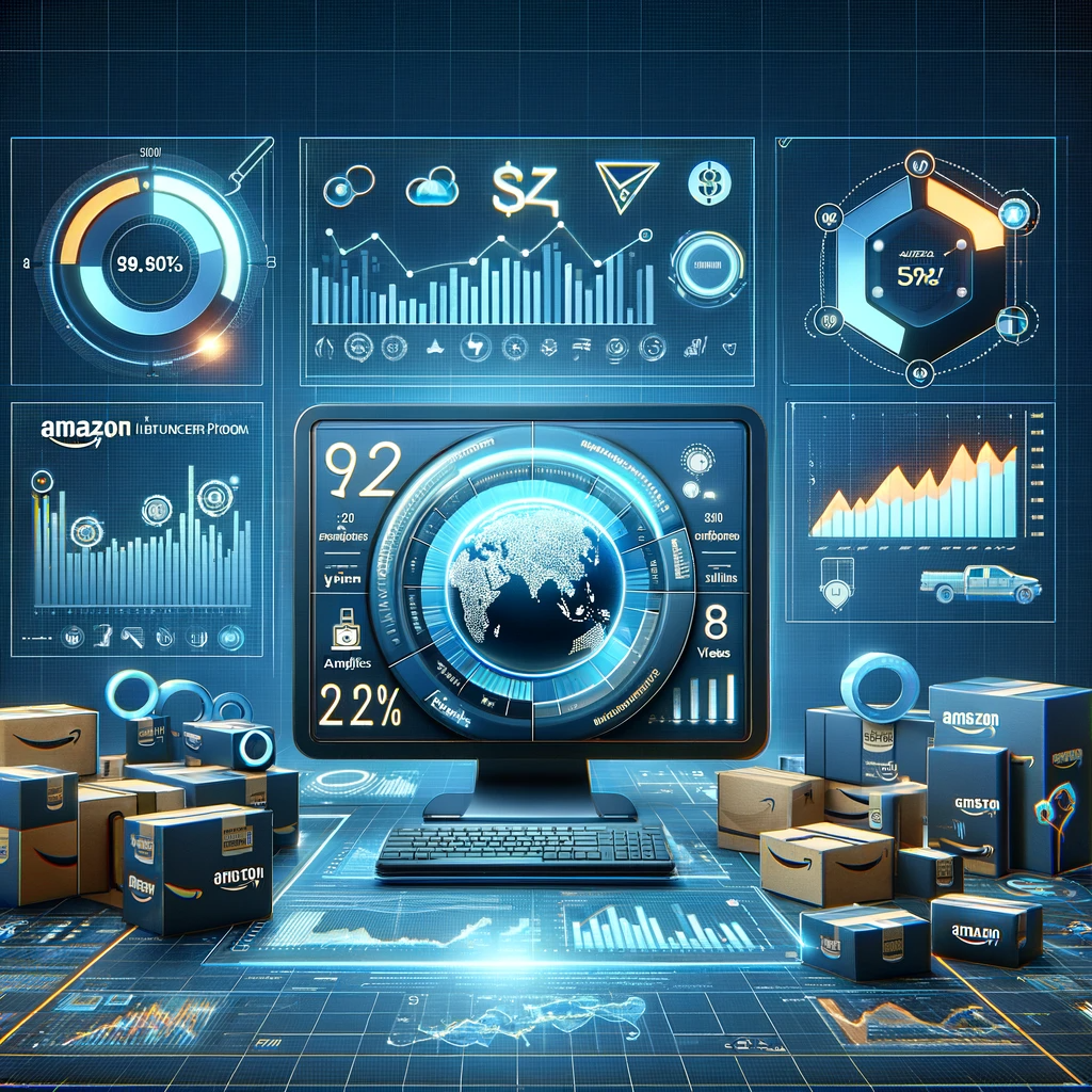 Graphic showing a digital analytics dashboard with graphs and data points for influencer marketing performance, highlighting the importance of data analysis in the Amazon Influencer Program.